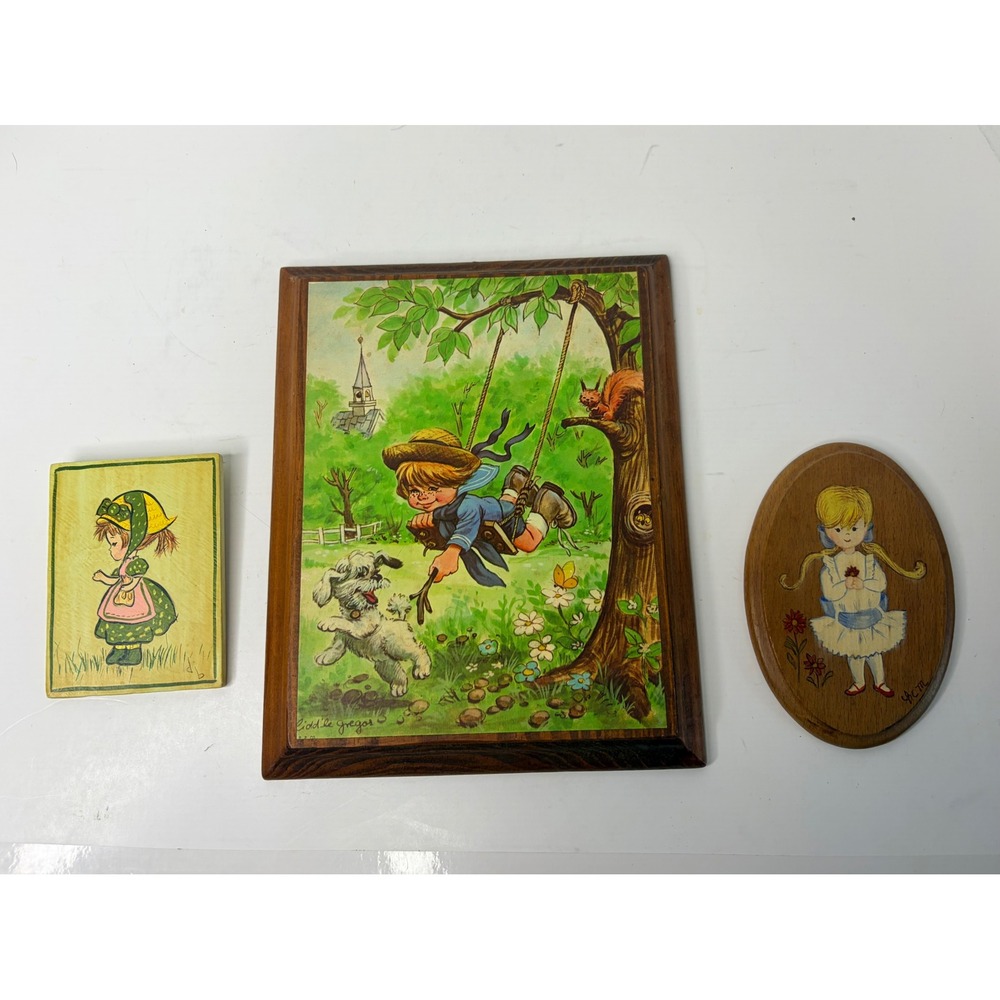Vtg 70s Wood Wall Plaques Liddle Gregor Boy Hand Painted Girl Cottagecore Art